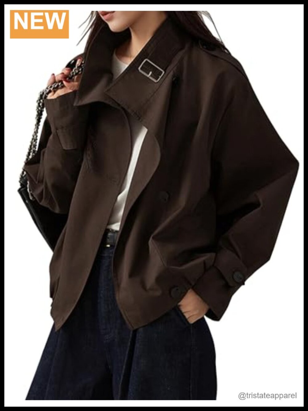 Women's Cotton Blend Cropped Trench Jacket Funnel Neck Long Sleeve Casual